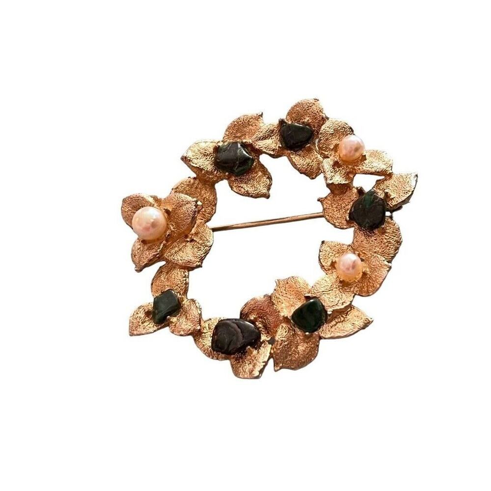 Vintage Swoboda Jade and Real Pearl Floral Wreath Brooch Pin